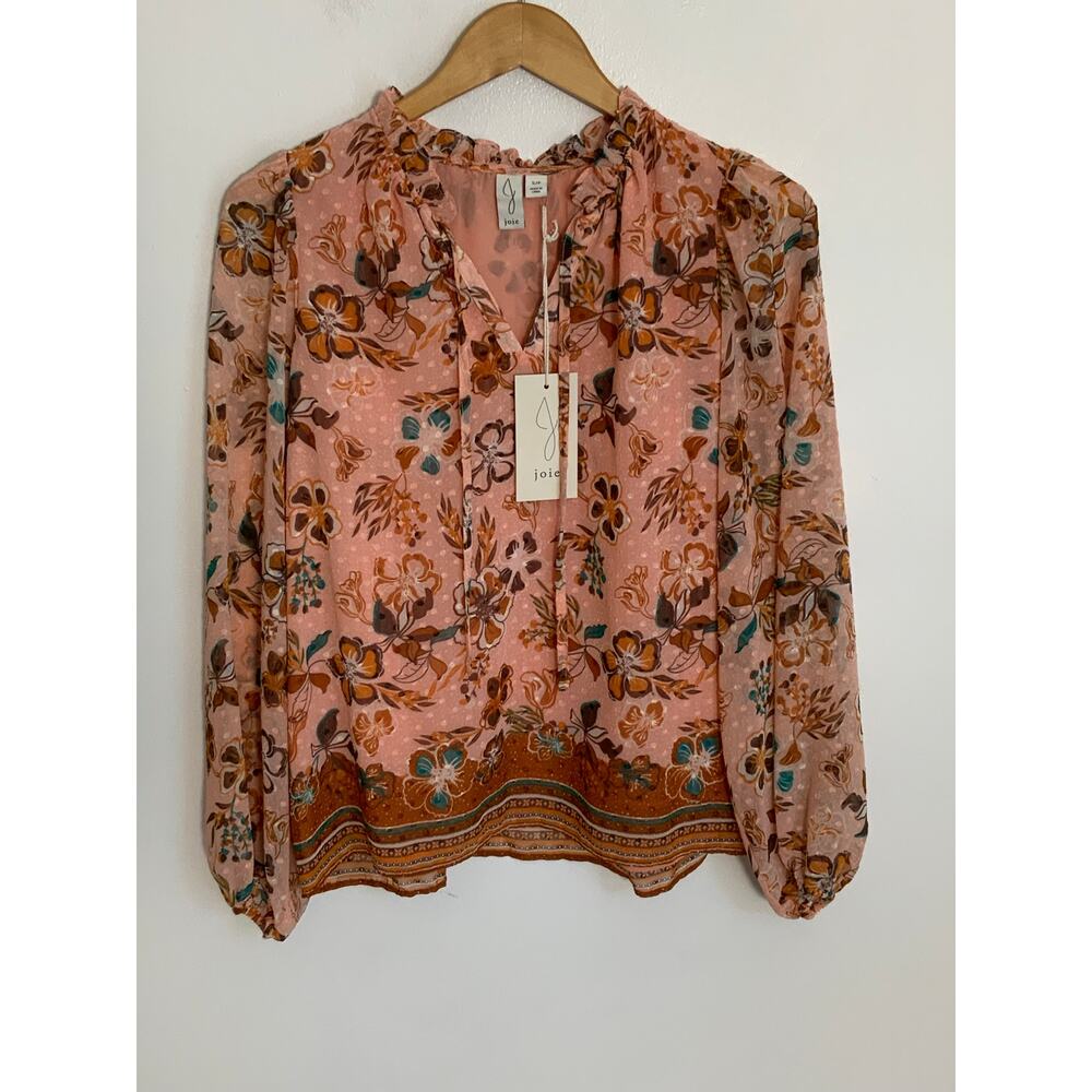 NEW Joie Floral Peasant Sleeve Boho Blouse Peach Top Tie Front Womens Size small